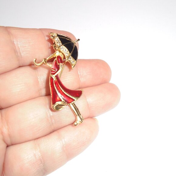 Vintage Brooch - Pendant Girl with Umbrella Enamel Pin Classic Feminine Elegance - Picture 5 of 5